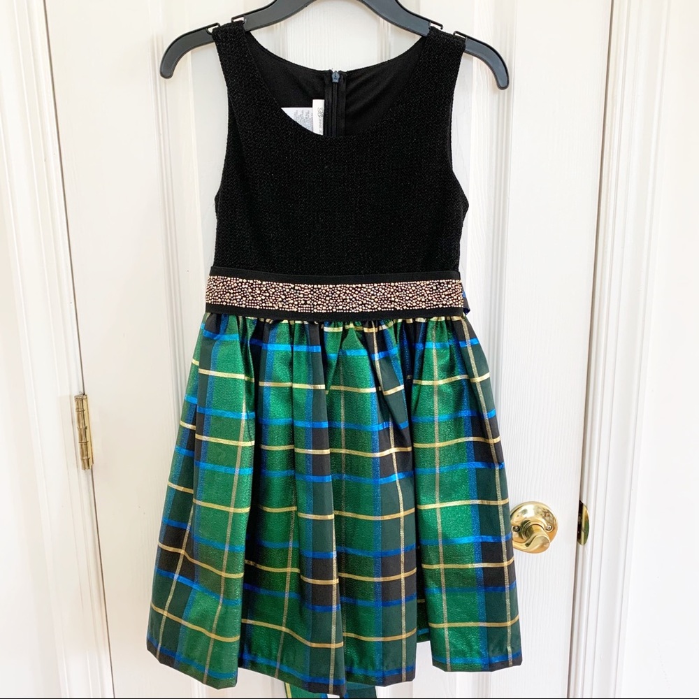 Bonnie Jean Green Plaid Taffeta Holiday Dress